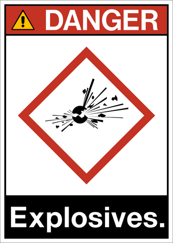 ANSI explosives danger sign with explosion hazard symbol and bold warning text