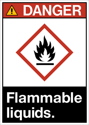 ANSI flammable liquids danger sign with flame hazard symbol and warning layout