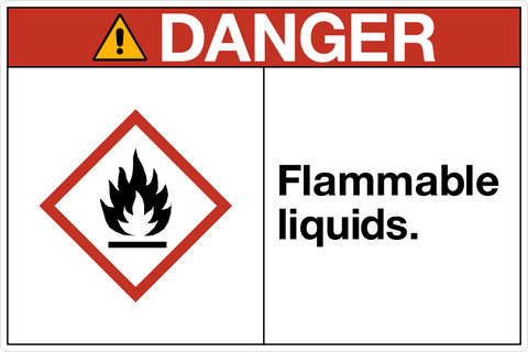OSHA flammable liquids danger sign with flame symbol and structured warning layout