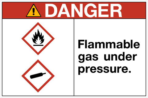 OSHA flammable gas under pressure danger sign with flame and gas cylinder symbols and text