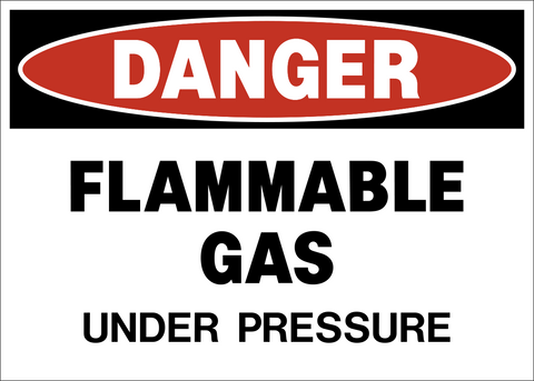 Flammable gas under pressure danger sign with bold text warning of pressurized gas hazard