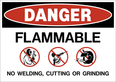 Flammable no welding cutting or grinding danger sign with prohibition symbols and bold warning text