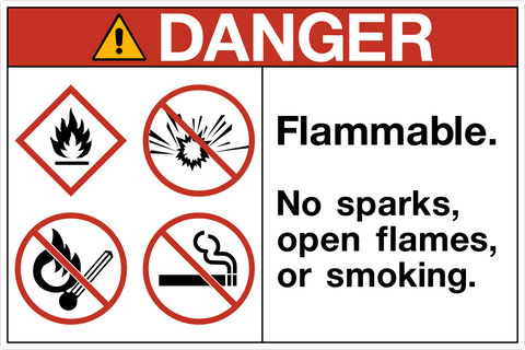 OSHA flammable no sparks open flames or smoking danger sign with symbols and structured warning layout