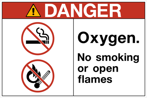 OSHA Oxygen No Smoking or Open Flames Danger Sign featuring no smoking and no open flame symbols with oxygen warning text.