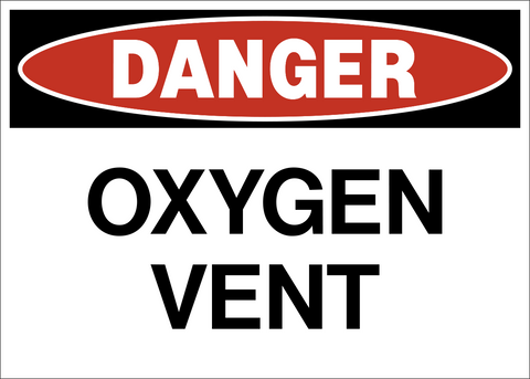 A safety warning sign with a red border and white background, featuring the words 'DANGER' in bold black letters and the words 'OXYGEN VENT' below them in smaller text.