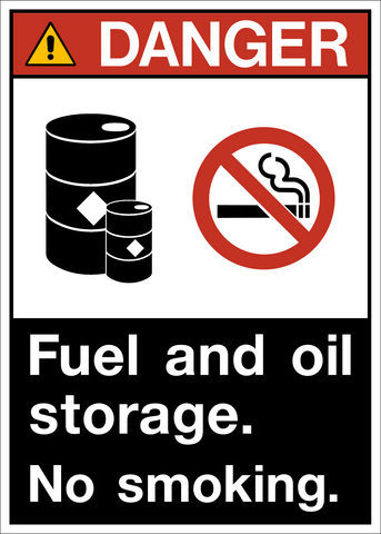 ANSI Fuel and Oil Storage No Smoking Danger Sign with safety alert symbol and no smoking icon