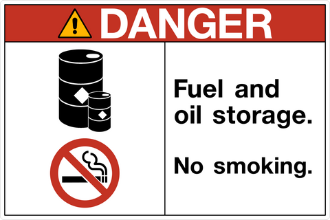 OSHA Fuel and Oil Storage No Smoking Danger Sign with red header and fuel barrel and no smoking symbols