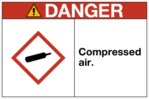 A safety sign with a red and white color scheme, featuring the text 'DANGER' in bold, a pictogram of a comet with a warning symbol, and the phrase 'compressed air' underneath.