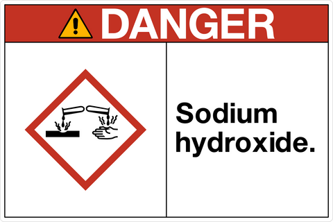 Safety sign with a red and white triangular background and a white pictogram of a chemical hazard label with the text 'DANGER SECONDARY SCHOOL HAZARD WARNING' and 'SECMUM HYDROXIDE.'.