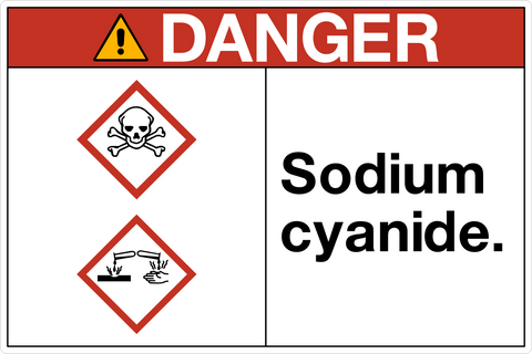 OSHA Sodium Cyanide Danger Sign with GHS toxic and corrosive pictograms and warning text.