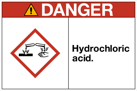 This danger hydrochloric acid sign has the word danger in white in a red banner. This sign follows the OSHA specifications.