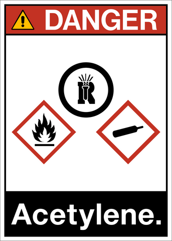 ANSI Acetylene Danger Sign with flame and gas cylinder hazard pictograms