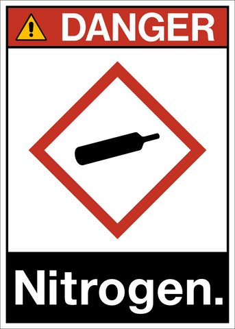 A safety sign with a white background featuring a red diamond-shaped pictogram with a nitrogen molecule inside, and the word 'DANGER' written above. The creator's name, 'WSS', is visible at the bottom.