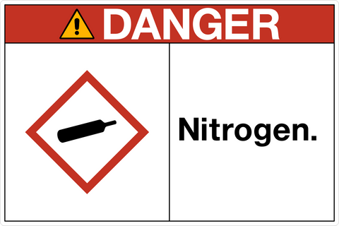 A safety sign with a red and white label featuring the word 'DANGER' and a pictogram of a bottle with a warning symbol on top.
