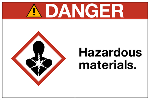 A safety warning sign with a red and white border, featuring the text 'DANGER HAZARDOUS MATERIALS.' along with a biohazard symbol and a human silhouette.