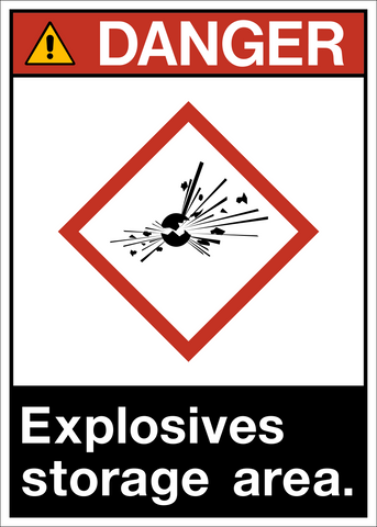 ANSI Explosives Storage Area Danger Sign with safety alert symbol and exploding bomb icon