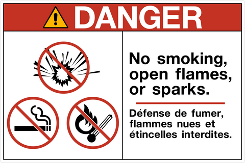 OSHA No Smoking Open Flames or Sparks Bilingual Text Danger Sign with prohibition symbols for smoking, open flames, and sparks and bilingual warning text.
