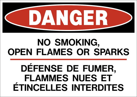 Bilingual No Smoking Open Flames or Sparks Danger Sign with no smoking, no open flame, and no sparks prohibition symbols and English/French text.