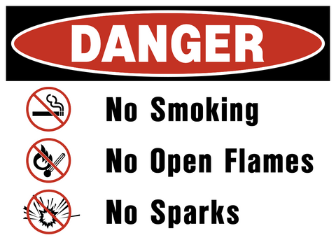 No smoking no open flames no sparks danger sign with symbols and bold warning text