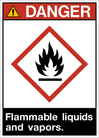 ANSI flammable liquids and vapors danger sign with flame symbol and warning layout