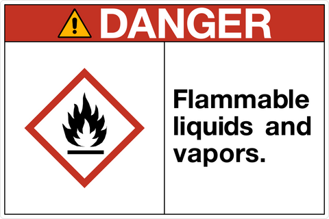 OSHA flammable liquids and vapors danger sign with flame symbol and structured warning layout