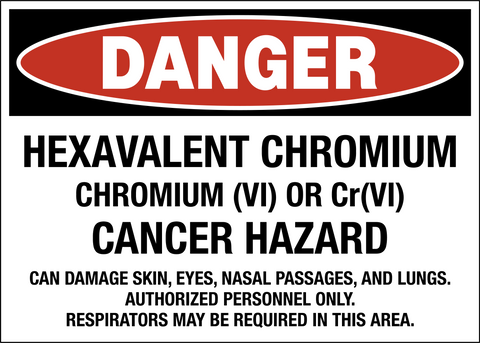 A warning sign with a red and black border, labeling 'DANGER HAZARD' along with text that reads 'Hexavalent Chromium VI or Cr VI Can damage skin, eyes, nasal passages, and lungs. Authorized personnel only.