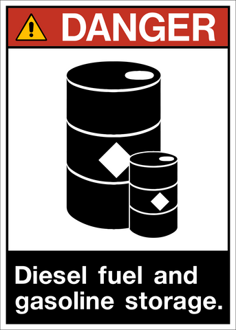 ANSI Diesel Fuel and Gasoline Storage Danger Sign with safety alert symbol and fuel barrel icon