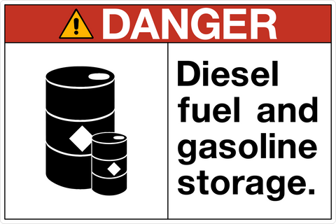OSHA Diesel Fuel and Gasoline Storage Danger Sign with red header and fuel storage symbol