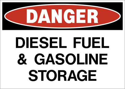 Diesel Fuel and Gasoline Storage Danger Sign with red DANGER header and bold black text
