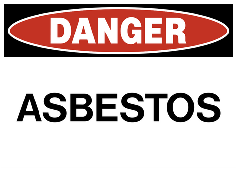 This Danger sign has the word danger in a red and black banner with the word asbestos under the banner.