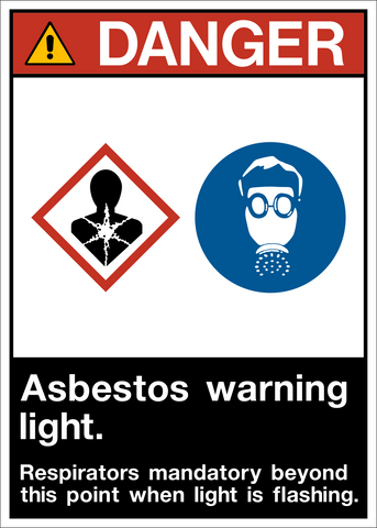 ANSI Asbestos Warning Light Respirators Mandatory Danger Sign with health hazard and respirator symbols