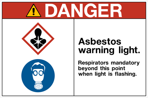 OSHA Asbestos Warning Light Respirators Mandatory Danger Sign with red header and respirator symbol