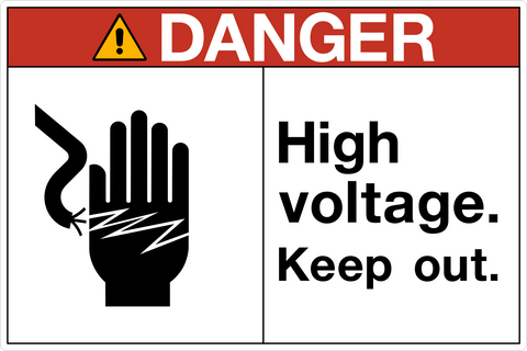 OSHA High Voltages Keep Out Danger Sign with electrical shock hazard graphic and warning message.