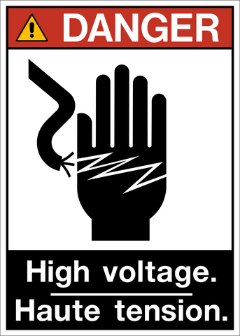 ANSI High Voltage Bilingual Danger Sign with electrical hazard pictogram, safety alert symbol, and English French warning text.