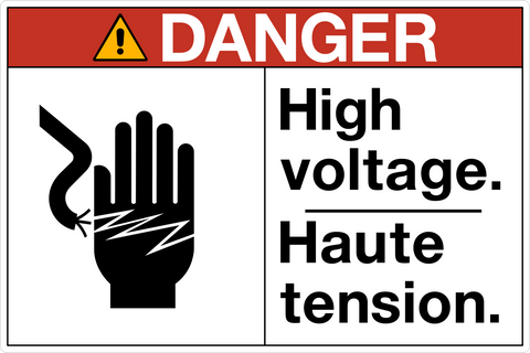 OSHA High Voltage Bilingual Danger Sign with electrical hazard symbol and bilingual English French warning message.