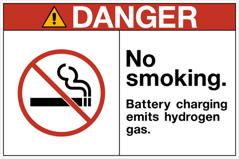 OSHA Battery Charging Emits Hydrogen Gas No Smoking Danger Sign with no smoking symbol and hydrogen gas warning.