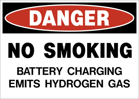 Battery Charging Emits Hydrogen Gas No Smoking Danger Sign with no smoking symbol on a white background.