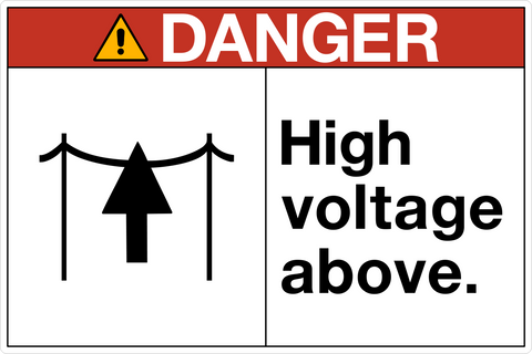OSHA High Voltage Above Danger Sign with overhead electrical line symbol and warning message in split-panel format.