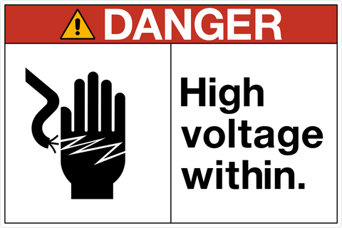 OSHA High Voltage Within Danger Sign with electrical hazard symbol and warning text in split-panel layout.