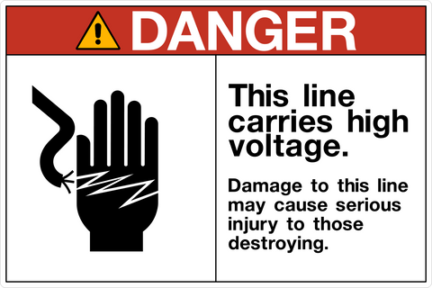 OSHA High Voltage Line Danger Sign with electrical hazard symbol and warning text about line damage causing injury.