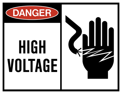 High Voltage with Hand Graphic Danger Sign featuring an electrical shock hand pictogram and bold high voltage warning message.