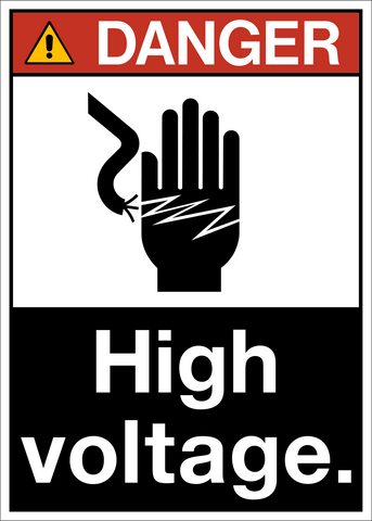 ANSI High Voltage Danger Sign featuring an electrical shock hazard pictogram and safety alert symbol.