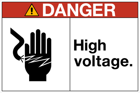 OSHA High Voltage Danger Sign with electrical hazard graphic and warning text in a split-panel layout.