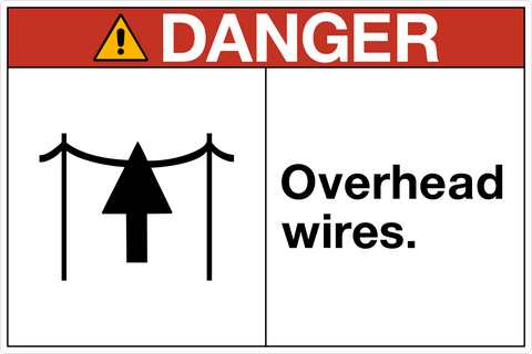 OSHA Overhead Wires Danger Sign with red header and overhead wire symbol
