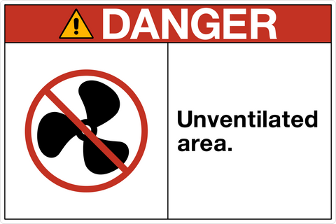 Danger sign with a pictogram indicating an unventilated area, featuring a prohibition symbol over a fan-like shape, on a white background with red and black text.