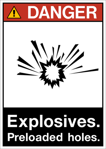 ANSI explosives preloaded holes danger sign with explosion symbol and warning text