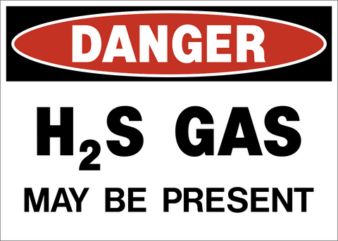 A safety sign with a red and white border and the text 'DANGER H2S GAS MAY BE PRESENT' in bold capital letters.