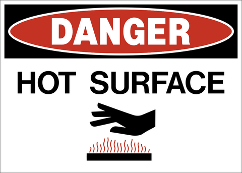 Hot Surface Danger Sign with hot surface symbol and burn hazard warning message.