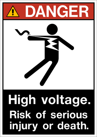 ANSI High Voltage Risk of Injury Danger Sign displaying electrical shock pictogram and warning of serious injury or death.