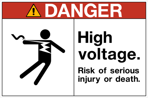 OSHA horizontal High Voltage Risk of Injury Danger Sign with electrical hazard symbol and warning message about injury or death.